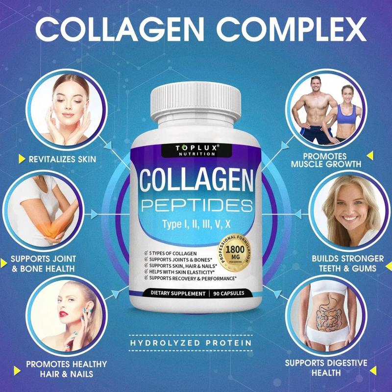 Toplux 5 - Type Collagen Peptides | 1800mg, US- Made| 90 Caps for Radiant Skin, Strong Nails & Joint Health Healthcare Supplement Colagen Edible Fitness Dietary Beauty