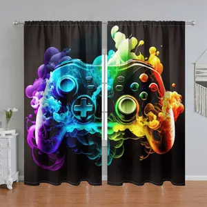 2Pcs Game Controller Printed Curtain Panel, Ice and Fire Elements, Pole Pocket Style, Semi-Sunshade, for Home Living Room Bedroom Balcony Kitchen Study & Shower Window Decoration, Accessory, Anti-Privacy.