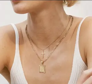 XINCY Light Luxury Golden Double-Layer Cross Letter Necklace with Square Initial Pendant and Figaro Chain Choker, Versatile Jewelry for Women