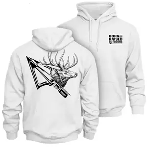 Born and Raised Outdoors Deer Hunting Hoodie – Whitetail Deer Head with Broadhead Arrow Graphic Back Print, Bow Hunting Apparel for Deer Hunters, Outdoor Bowhunter Lifestyle Hoodie