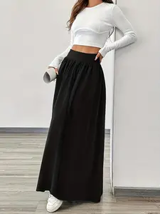 Women's Solid Color Casual Midi Skirt, High Waist, Fashionable Knitted Half Skirt, Comfortable and Stylish, Perfect for Daily Wear