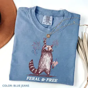 Comfort Colors Vintage Feral And Free T-shirt, Funny Usa T-shirt, Funny Raccoon T-shirt , 4th Of July, Raccoon Merica, Trendy Usa, Gift Gift For Women