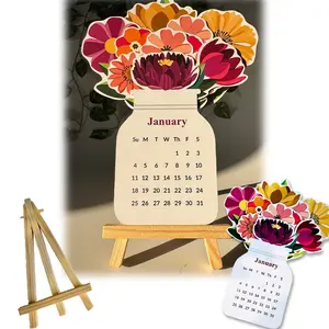 2026 Mini Floral Calendar with Wooden Stand, Unique Monthly Illustrations, Soft Fresh Aesthetic, Home & Office Decor