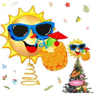 10 x 8 Inch Wood Summer Tree Topper with LED Light, Tree Top Ornaments for Luau Party Hawaiian Decorations Tabletop Display Supplies