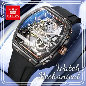 OLEVS 6779 Men Tonneau Skeleton Automatic Mechanical Watch, Comfortable Soft Black Silicone Strap, Full Hollow Transparent Dial with Retro Roman Luminous Markers, 3ATM Water Resistant Punk Sport Dress Wristwatch, Ideal Gift For Any Occasion