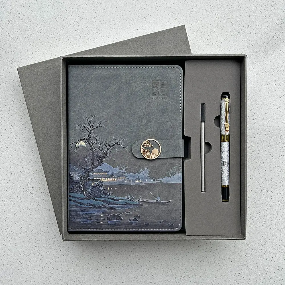 CHINSIKOL Traditional Landscape Art Notebook Set, Vintage PU Leather Journal, Metal Buckle, Oriental Writing Stationery Gift Box, Student Essentials, Journaling Supplies