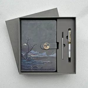 CHINSIKOL Traditional Landscape Art Notebook Set, Vintage PU Leather Journal, Metal Buckle, Oriental Stationery Gift Box