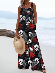 Elegant Gothic Style Plus Size Women's Romper with Front Pocket, Adjustable Shoulder Straps, Fashionable and Stylish One-Piece Jumpsuit