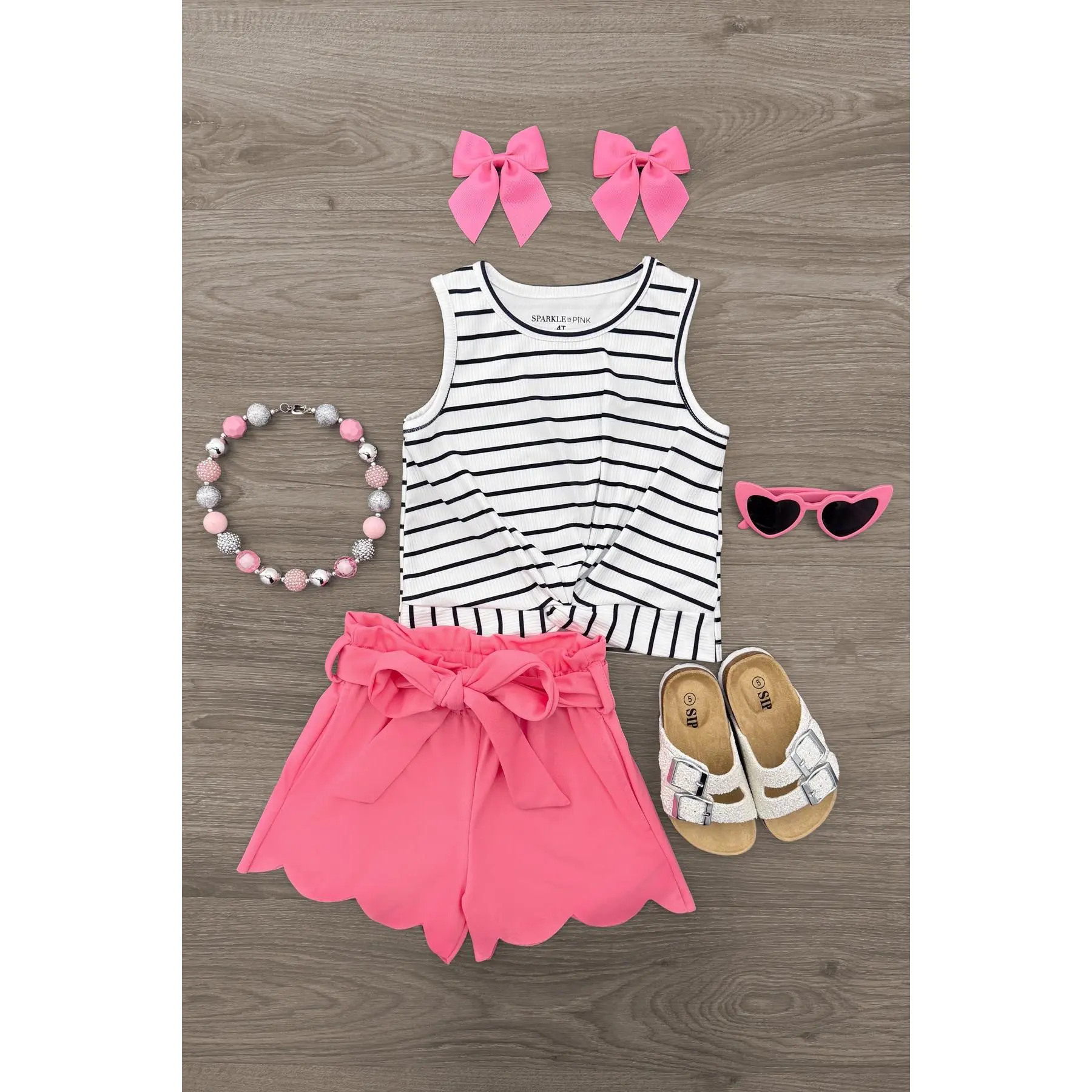 White & Pink Stripe Short Set