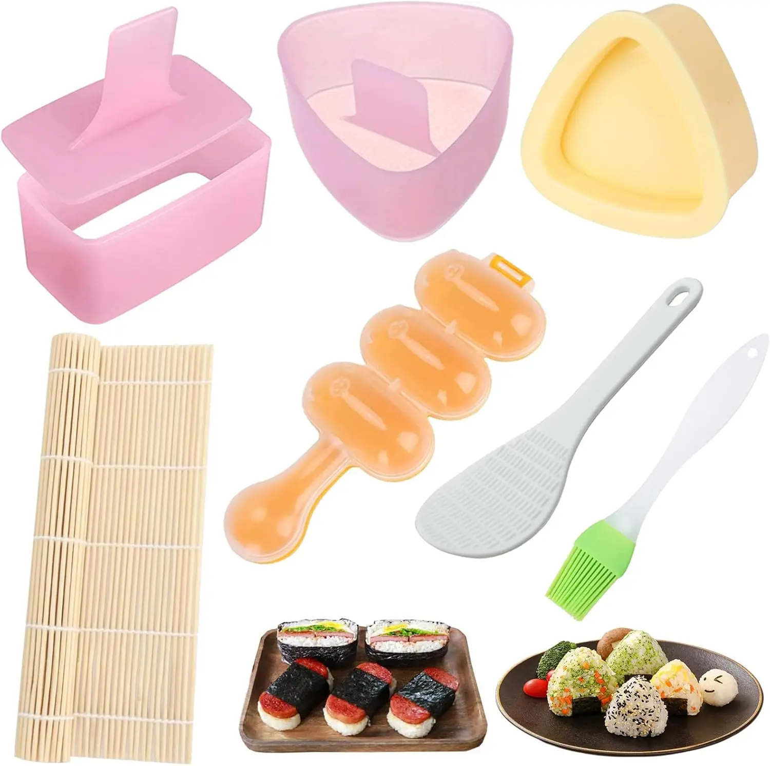 7-Piece BPA-Free Onigiri Rice Ball Mold Maker Kit - Musubi Press, Classic Triangle Shaper, Sushi Roller Mat, Rice Paddle, Brush for Kids Bento & Home DIY