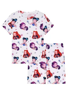 Girls' Cute Cartoon Music Pajama Set, Summer Thin Round Neck Short Sleeve Shorts Sleepwear, 2-Piece Fitted H-Type