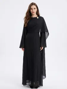 New Muslim Women's Luxury Pleated Texture Shawl One-Piece Long Robe, Loose-Fitting H-Type Abaya with Tie, Casual Modest Style All-Season Dress