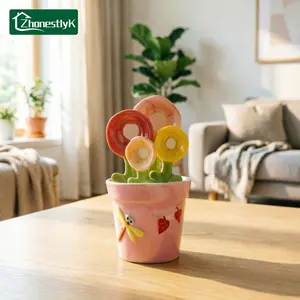 4 Pack Cute Ceramic Flower Measuring Spoons Set with Base, Spoons and Cup Set for Milk Powder Sugar Salt