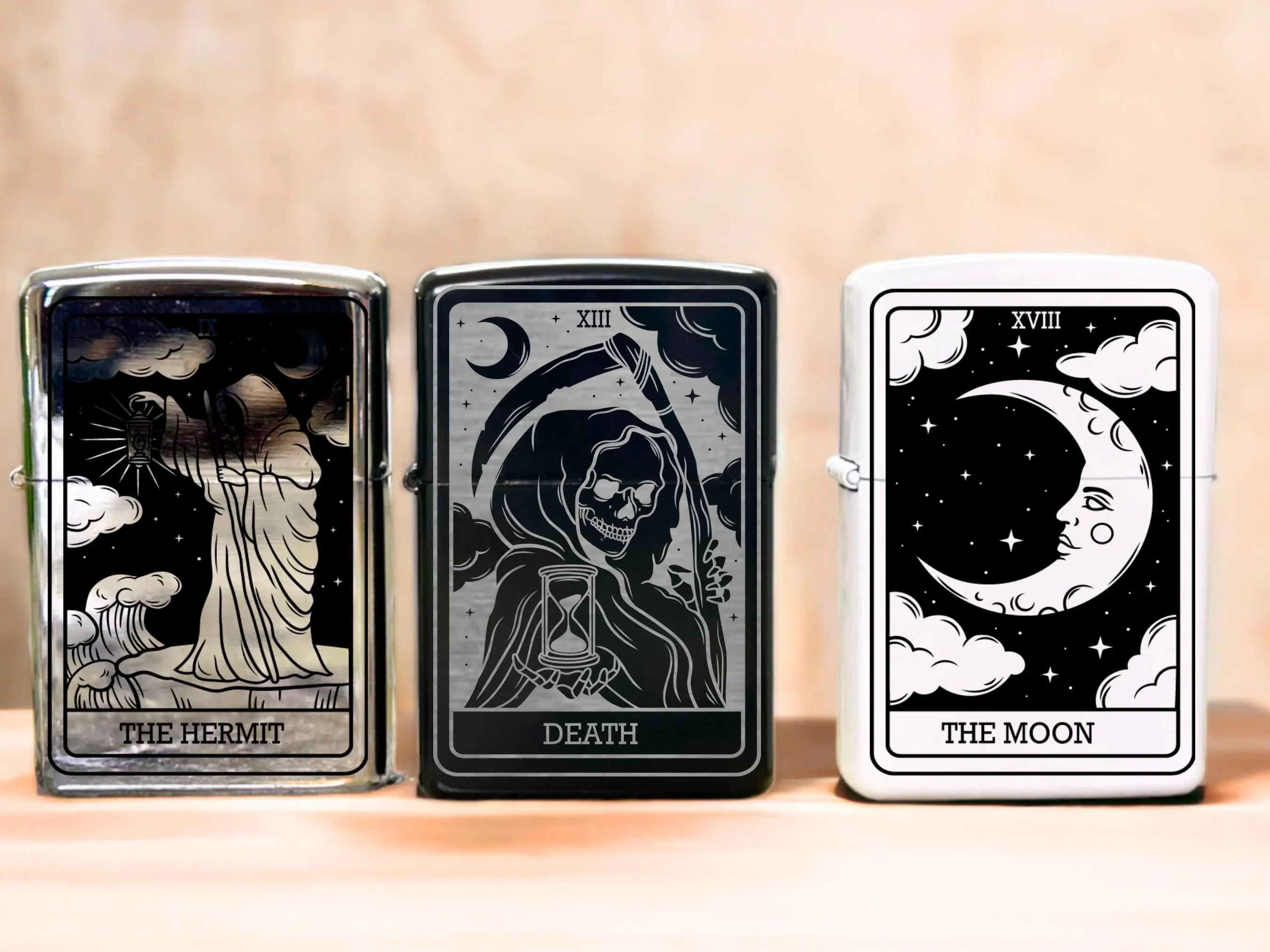 Metal Novelty Lighter, Engraved Gothic Tarot-Themed Accessory with The Lovers, Sun and Moon, Major Arcana Motifs, Surprise Assortment Item, Gift for Enthusiasts, Lighters Novelty