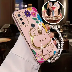 A53 Fashion Series Pearl Strap Lanyard Phone Holder Case For Compatible With Oppo A53 PC Cover and Shockproof Flower Pattern and Rabbit Stand Protector Cases