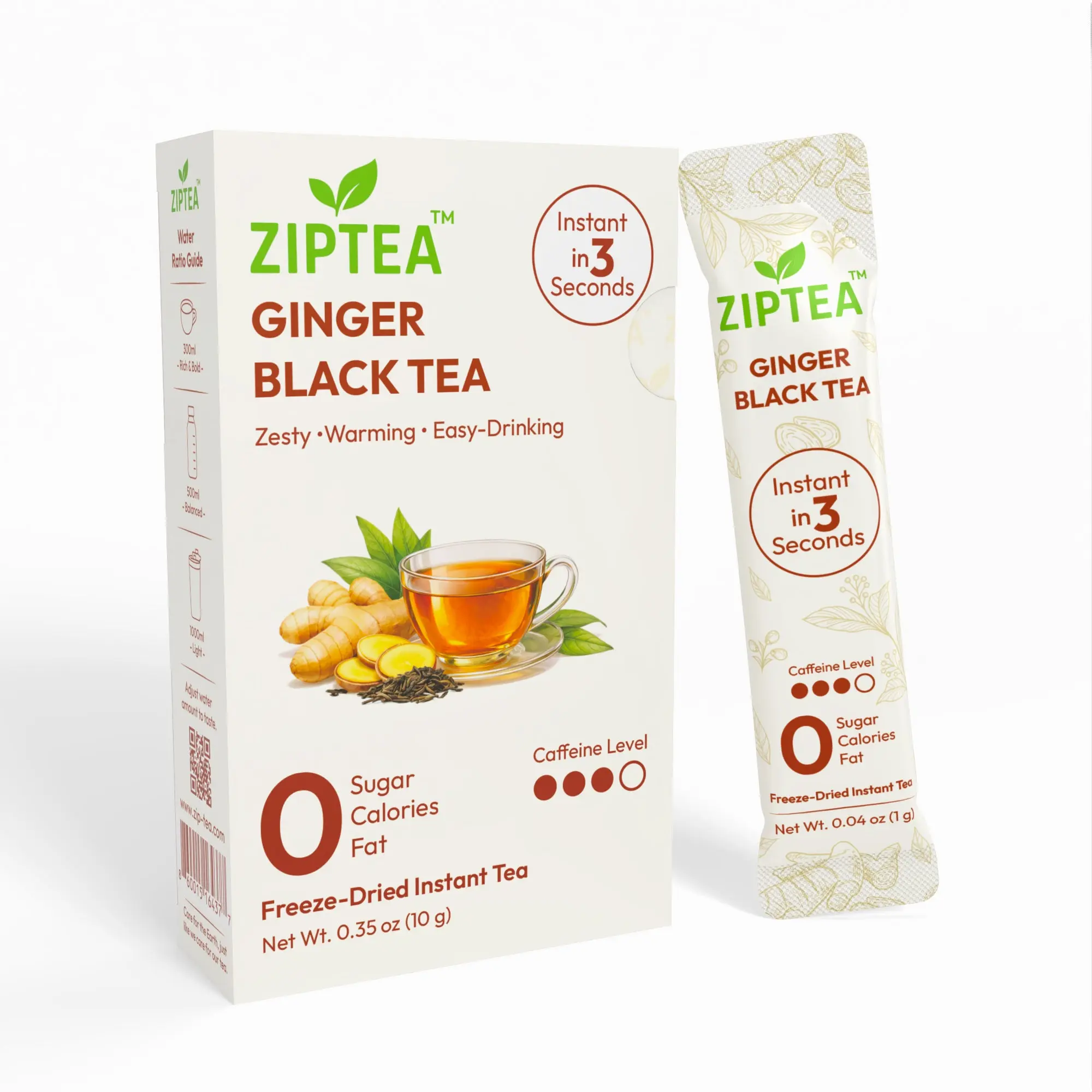 ZIPTEA Ginger Black Tea, Freeze-Dried Instant Tea, 0 Sugar, 10 Stick Packs, Suitable for Hot or Cold Preparation