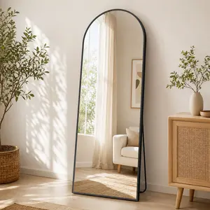 Espejo de Cuerpo Entero Arqueado/Recto de 26"x71"/21"x64"/16"x59", Espejo de Piso de Cuerpo Completo, de Pie, Colgante o Apoyado en la Pared, Espejo de Pared Arqueado con Soporte, Marco Delgado de Aleación de Aluminio para Dormitorio, Vestidor, Espejo de