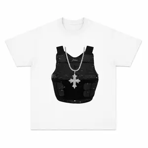 Menswear Short-Sleeve 100% Cotton 200GSM Oversized Round Neck T-Shirt, Bulletproof Vest Cross Chain Graphic, Loose-Fit Hip Hop Streetwear, Y2K Aesthetic, S-3XL Breathable Couple Casual Top, Gift for Rap Fans     men's t shirts  cotton graphic tees