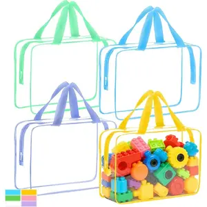 4 Packs Extra Large Toy Storage Bags with Zipper, Reusable Clear PVC Toy Organizer Bag with Labels for Blocks, 11.8″*8.6″*3.9″ Travel Waterproof Organizer Bags for Puzzles, 4 Colors
