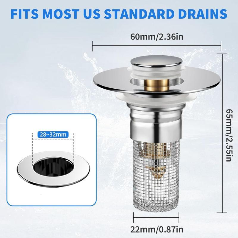 Metal sink filter made of 304 stainless steel-Bathroom Sink Drain Stopper-PopUp Drain with Stainless Steel Filter Basket Hair Catcher, Universal Replacement for 1.1-1.45 Inch Sinks