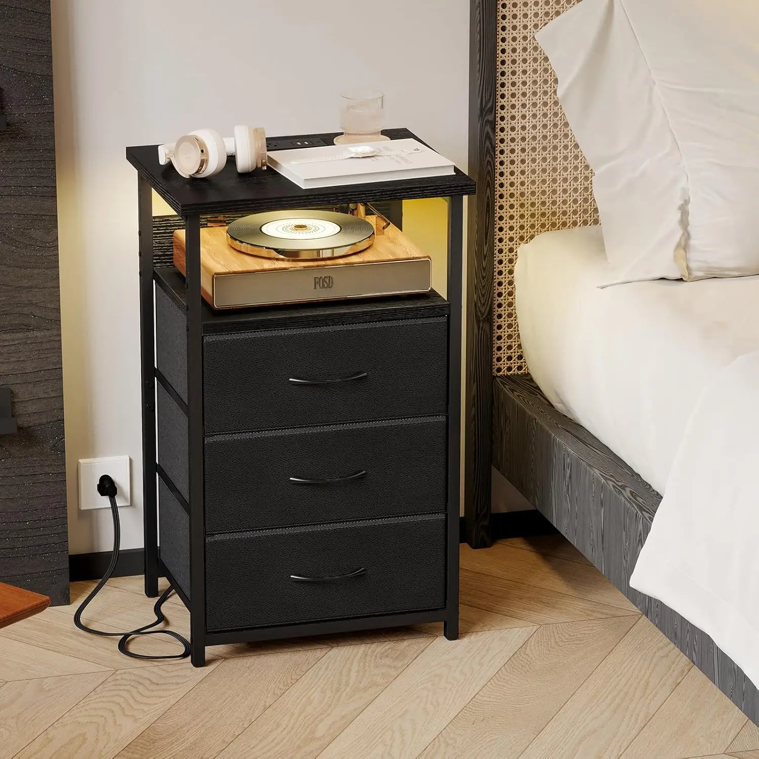 Night Stand with Charging Station, LED Nightstand with U-S-B Ports and Outlets, 3 Fabric Storage Drawers with PU Finish, Bedside Table, Black