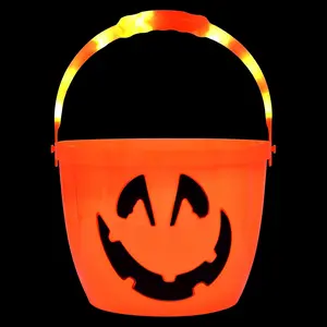 Lighted Pumpkin Halloween Candy Bucket with Handle - Large Plastic Light Up Sweet Bucket Pail for Halloween Trick or Treat Jack O Lantern Candies Collection Party Decorations for Kids