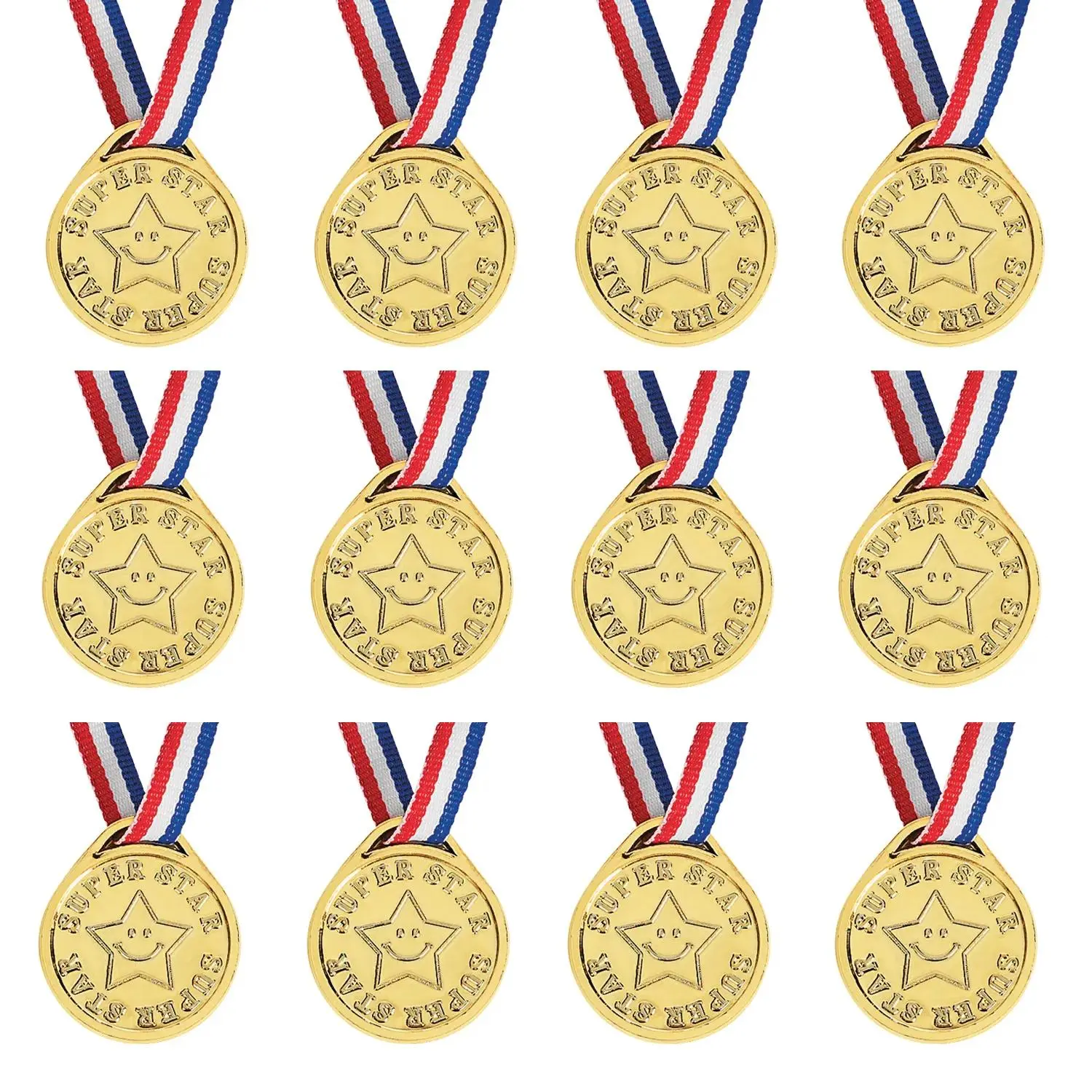1 1/2" Super Star Goldtone Plastic Medals with Red, White & Blue Ribbon - 12 Pc.