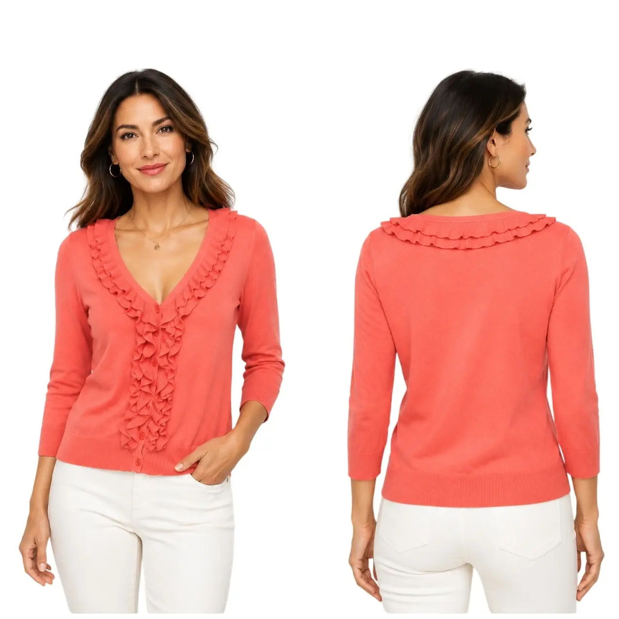 Talbots Petites M Pima Cotton Coral Ruffle Button Front Cardigan Sweater