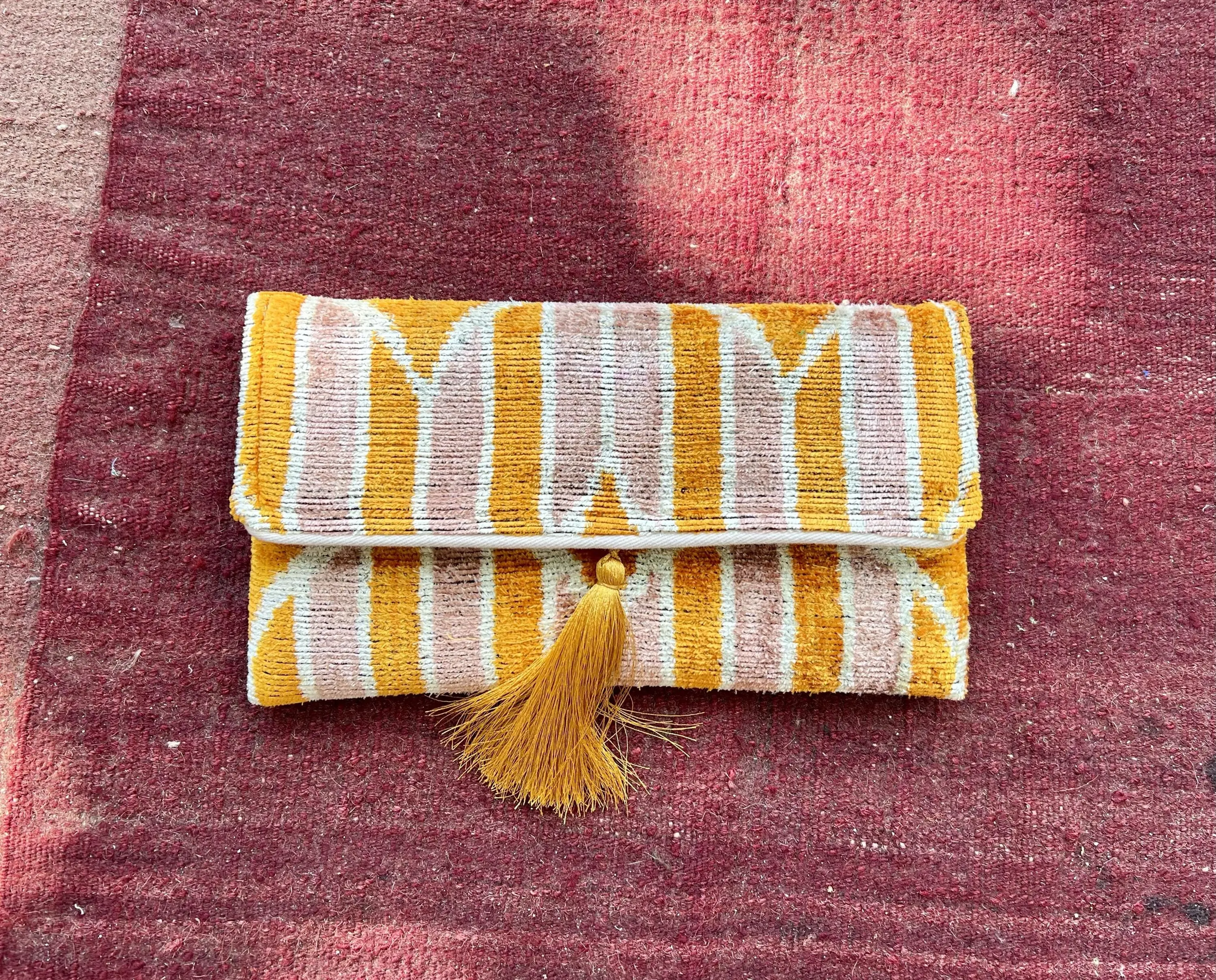 Mustard Yellow Velvet Ikat Clutch Bag with Tassel | Boho Wedding Evening Clutch | Beige and Yellow Striped Clutch Purse, Orange Ikat Bag