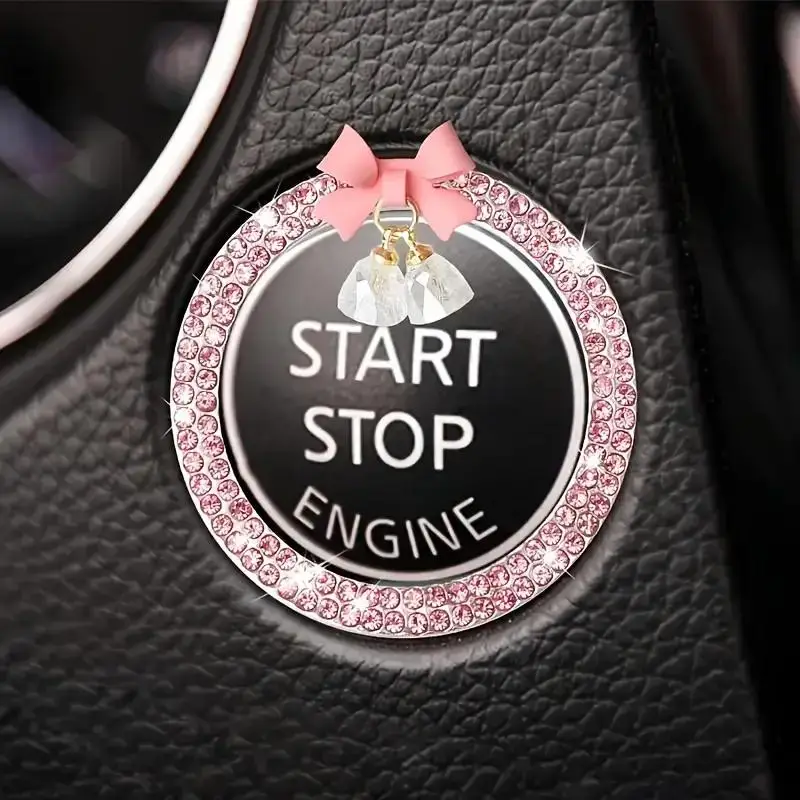 Rhinestone Decor Bowknot Design Car Engine Start Stop Button Ring, Car Engine Start Stop Button Decoration, Car Interior Accessories for Women, Car De