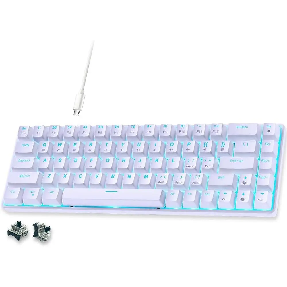 60% Mechanical Gaming Keyboard, Black  Wired Compact Keyboard with Blue Backlight, Swappable White Keycaps, for Windows/