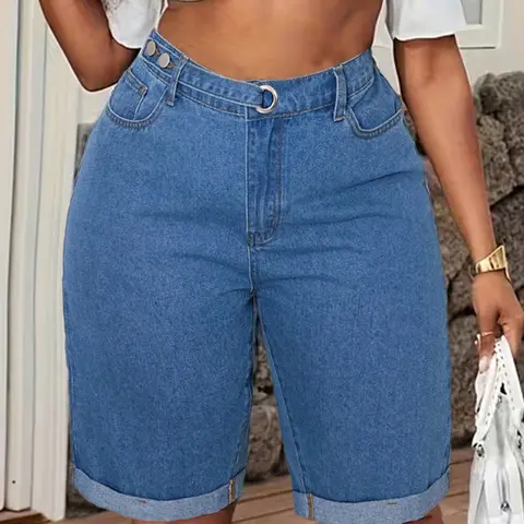 Women's Plus Size Denim Shorts, High Waisted Shorts, Casual High Waist Jean Shorties, Comfortable Summer Wear, Fashionable Ladies' Clothing, Bottom, Womenswear