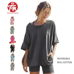 Tanming Women's Oversized 2-Piece Set - Reversible V-Neck or Round-Neck Tee Top & High Waist Biker Shorts, Activewear Clothing for Yoga & Lounging, Stretchable Stylish Activewear, Flowy Casual Streetwear Sports Outfits  Workout  Suits