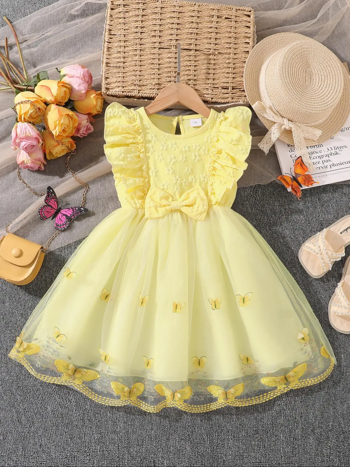 Girl's Butterfly Pattern Bow Decor Dress, Cute Round Neck Dress for Summer, Kids Clothes for Daily Wear