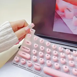 SleekHush Girly-Chic Macaron Pink Silicone Keyboard Skin with Keyboard Round Caps, Ultra-Thin Waterproof Backlight-Safe Typing Cover for Acrylic & Stiletto Nails, Round Keycaps Included,summervibes