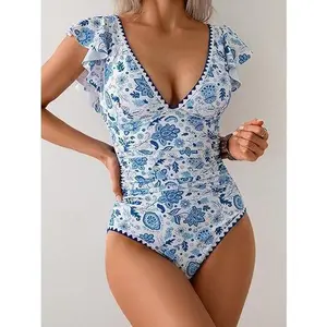 One Piece Swimsuit Tummy Control Bathing Suit V Neck Shell Stitched Swim Suit Slimming Swimwear Ruffle