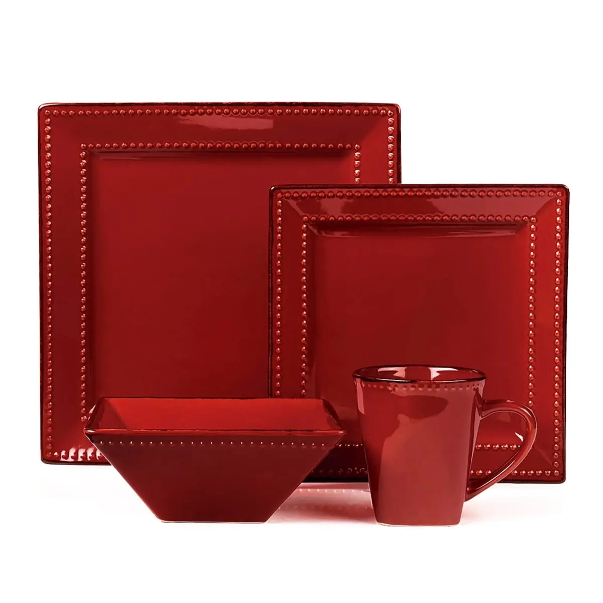 Lorenzo Import Sturdy 16-Piece Square Beaded Stoneware Tableware Set - Red, Includes Plates, Bowls, Mugs