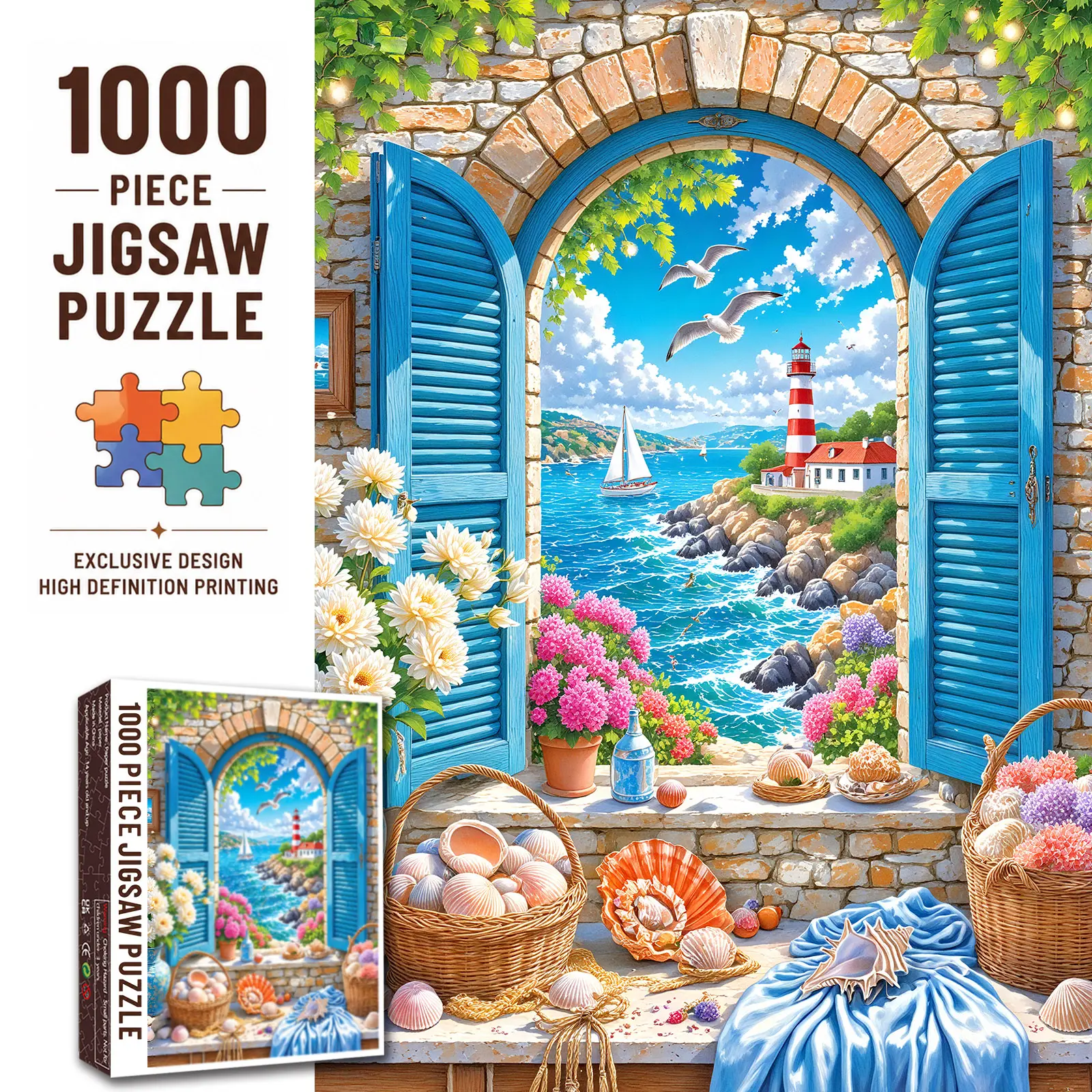 Walarky 1000-Piece Coastal Lighthouse Seaside Jigsaw Puzzle, Ocean Window with Blue Shutters, Brain Teaser Puzzles, Relaxation Aid, Family Game, Seascape Art Wall Decor, Gift for Adults, 27.5x20in (70x50cm)