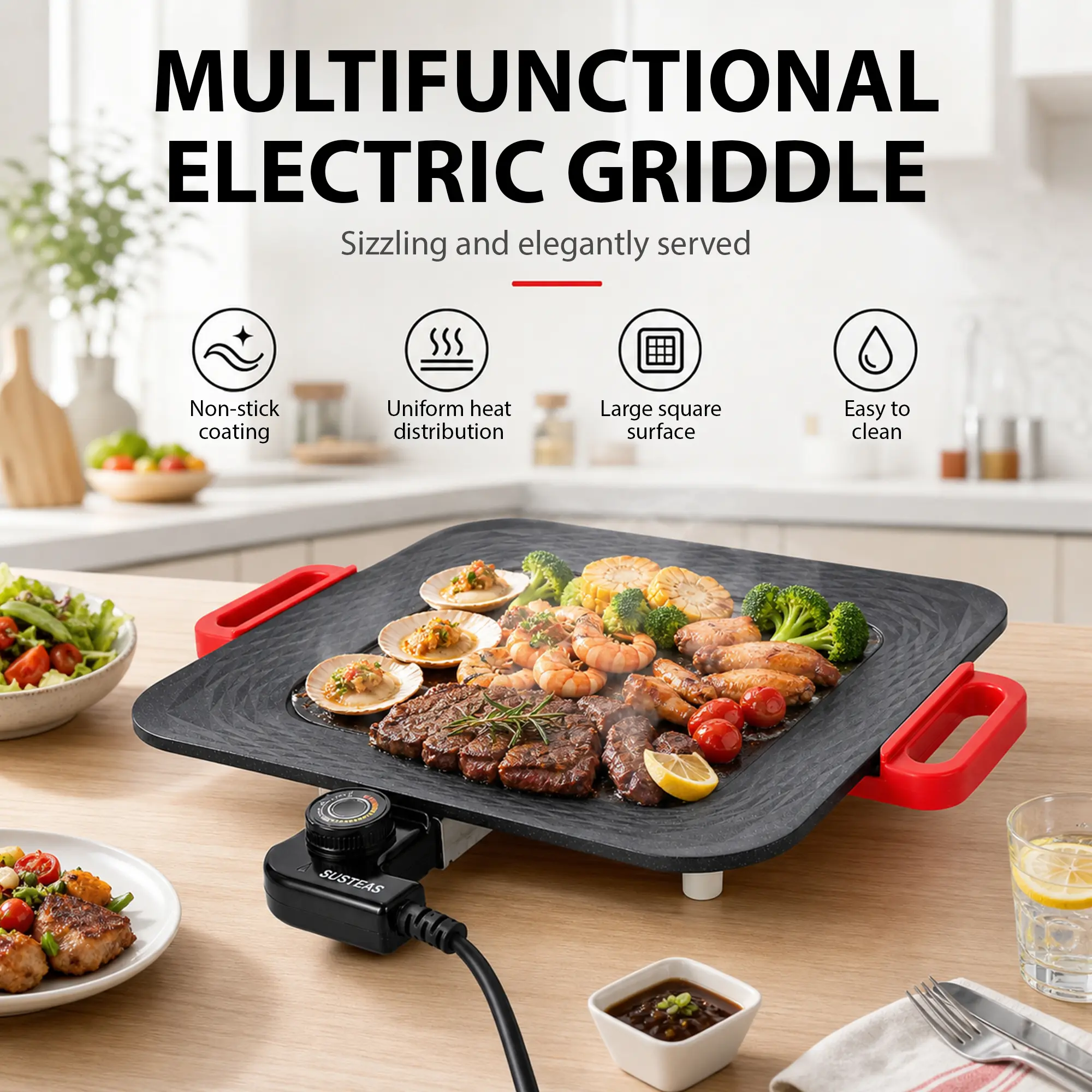 SUSTEAS Large Nonstick Coating Griddle - Tabletop Electric Teppanyaki Grill with Removable Temp Ctrl, Fast-Slow Heat Zones for Family Meals