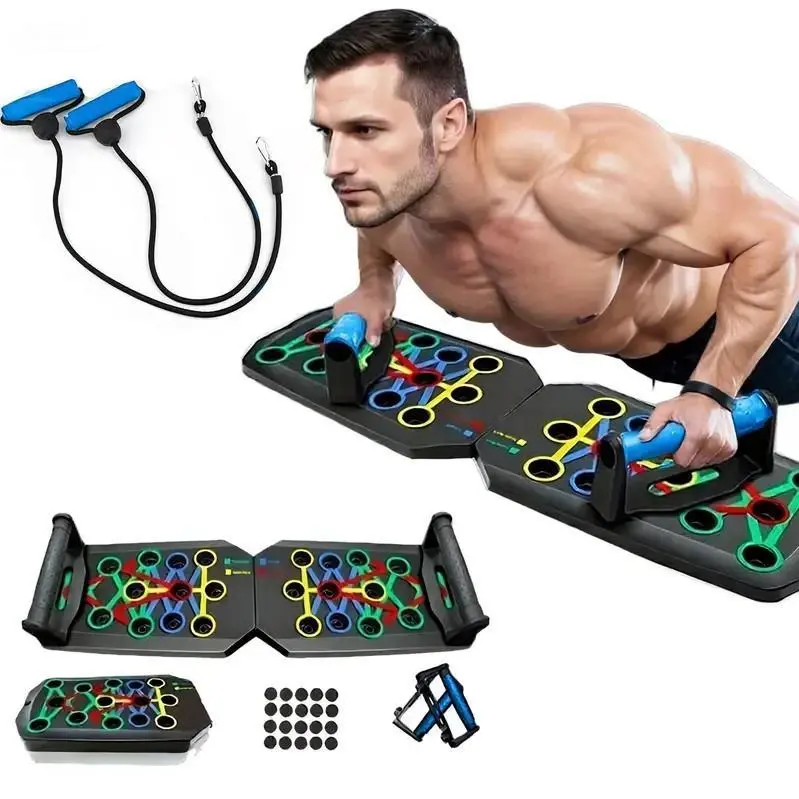 Foldable Push Up Board with Resistance Bands, Multi Position Chest Shoulder Back Trainer, Portable Home Workout Equipment for Beginner & Adult