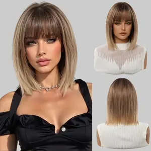 EMMOR Brown Gradient Highlight Bob Wig with Air Bangs, Short Straight Hair, Natural Synthetic Full Head Wig