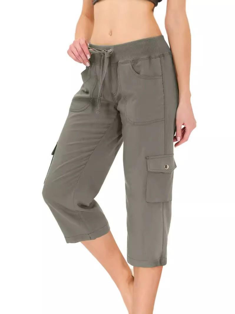Solid Color Drawstring Fitness Running Cargo Pants With Pockets, Patchwork Design, Cropped Pants