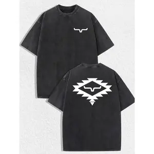 Kimes Ranch Aztec Horn Logo Washed Tee, Western Tribal Graphic Tee, White Geometric Back Print With Front Chest Horn Emblem, Ranch Casual Outfit, Soft Cotton Tee Gift For Men and Women