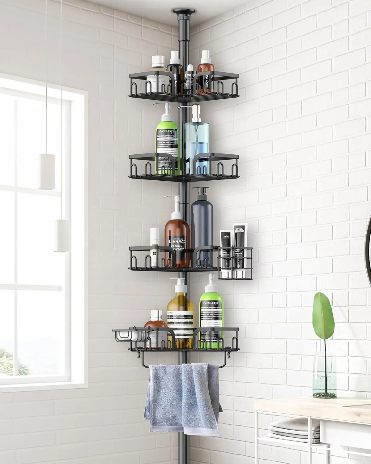 Corner Shower Caddy Tension Pole 4 Tier Adjustable Stainless Steel Shower Shelf for Inside Shower Bathtub Shampoo,Standing Bathroom Organizer Shelves with 39 to 113 inch Height