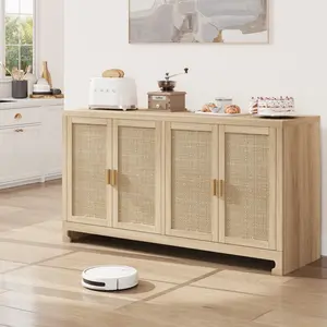 Modern Rattan Buffet Cabinet, 4 Doors Sideboard Storage Console Table with Open Shelf, Stylish Accent Sideboard Organizer, Multi-Functional Furniture for Entryway Living Room Dining Room, White