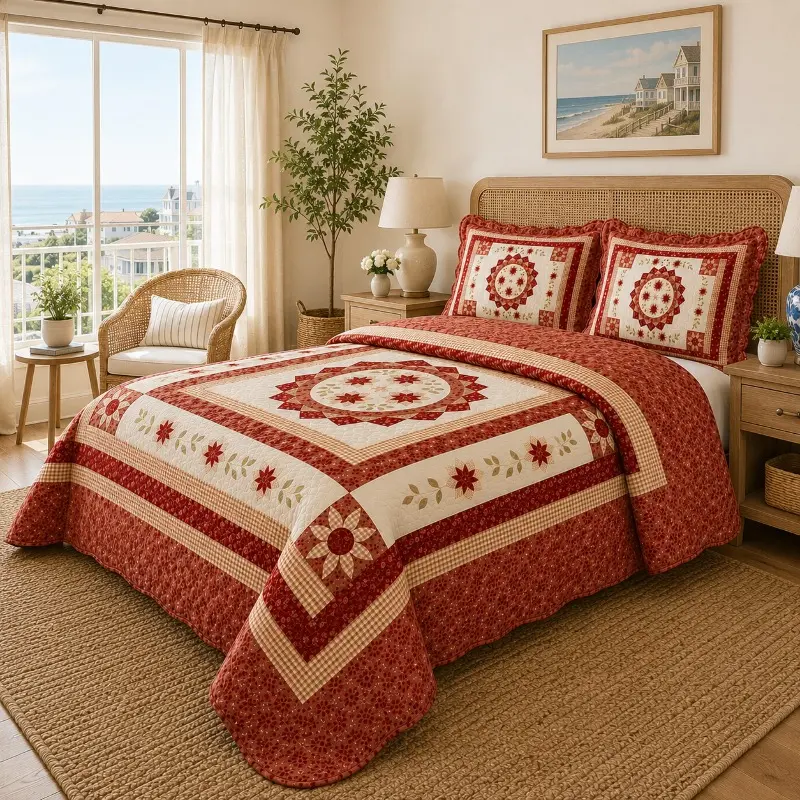 3pcs Queen Size Quilt 86" x 94", Vintage Farmhouse Patchwork Quilt Bedspread, Cottage Floral Star Medallion Pattern Coverlet, Americana Rustic Red Patchwork Bedding, Soft Lightweight All Season Quilt for Bedroom Home Decor