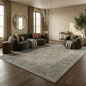 Vintage Distressed Medallion Area Rug, Ultra Soft Plush Low Pile, Stain Resistant & Easy to Clean, Non-Shedding Durable Rug for Living Room Bedroom Dining Room Home Office, Neutral Boho Design Fits Modern Farmhouse Classic Styles, Home Decor Rug