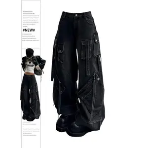 Women's Black Gothic Baggy Cargo Jeans Harajuku Oversize Denim Trousers Y2k 90s Vintage 2000s Emo Jean Pants Trashy Clothes 2025 Womenswear Bottom