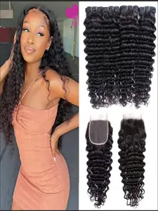 Deep Wave Human Hair Bundles with Closure  5x5 HD Lace Closure 10A Deep Curly  More Full and Thick  Brazilian Virgin Wet and Wavy Water Wave Bundle Human Hair