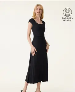 Cooling Square Neck Ruched Midi Bra Dress Color Black
